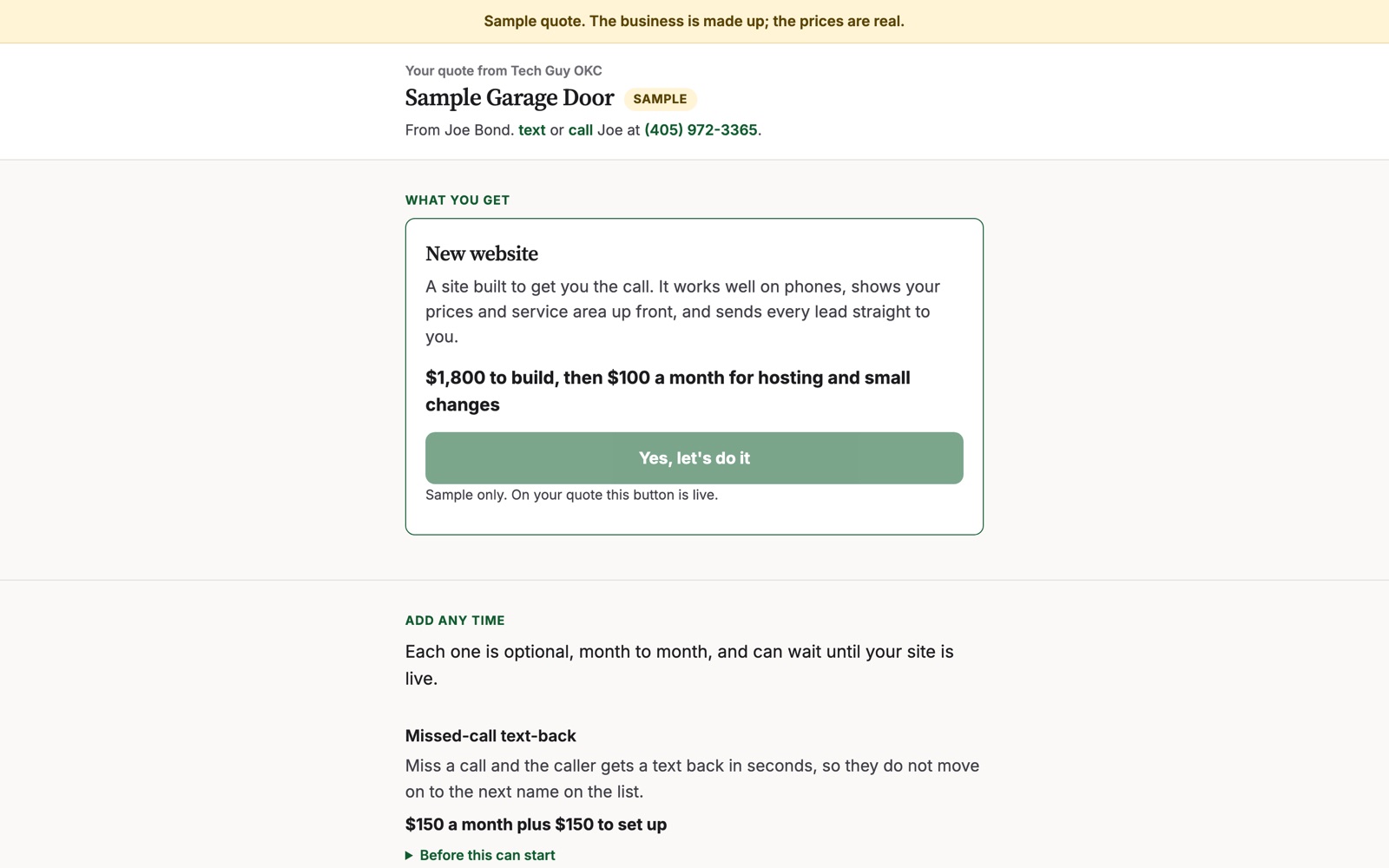 A sample client plan page showing the quote, what is running, and what is worth doing next