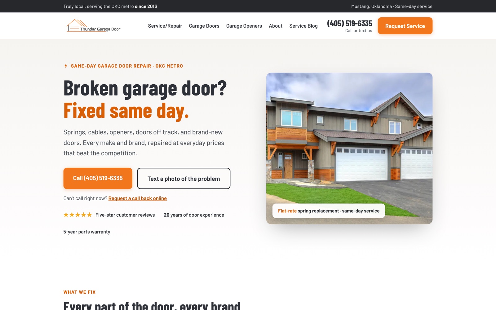 The Thunder Garage Door homepage, showing same-day repair and a phone number